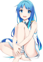 Rule 34 | 10s, 1girl, :d, bare arms, barefoot, blue eyes, blue hair, blush, feet, gradient hair, hugging own legs, kantai collection, kusano houki, legs, long hair, looking at viewer, matching hair/eyes, multicolored hair, open mouth, panties, samidare (kancolle), simple background, sitting, skirt, smile, solo, striped clothes, striped panties, underwear, very long hair, white background, white skirt
