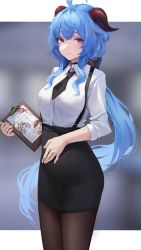 Rule 34 | 1girl, ahoge, alternate costume, bad id, bad twitter id, black necktie, black skirt, blue hair, brown pantyhose, clipboard, closed mouth, collared shirt, drawing, ganyu (genshin impact), genshin impact, goat horns, highres, holding, holding clipboard, horns, jean (genshin impact), klee (genshin impact), leviathan (hikinito0902), long hair, looking at viewer, necktie, office lady, pantyhose, pencil skirt, purple eyes, shirt, short sleeves, skirt, solo, suspenders, white shirt