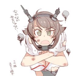 Rule 34 | 10s, 1girl, @ @, bad id, bad pixiv id, blush, breasts, brown hair, fang, gloves, green eyes, headgear, kantai collection, kusanagi tonbo, large breasts, looking at viewer, mutsu (kancolle), open mouth, short hair, simple background, solo, torn clothes, translation request, white background, white gloves