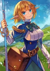 Rule 34 | 1girl, aiguillette, aqua bow, aqua skirt, bangle, belt, blonde hair, blue capelet, blue eyes, blue nails, blue pupils, blue sky, bow, bracelet, breasts, brown belt, buttons, capelet, closed mouth, cloud, colored eyelashes, day, earrings, elf, fingernails, fur collar, highres, holding, holding staff, jewelry, large breasts, long sleeves, nail polish, original, outdoors, pointy ears, ringed eyes, rumie, short hair, single earring, skirt, sky, sleeves past wrists, smile, solo, staff, turtleneck