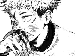 Rule 34 | 1boy, bbsc go, bleeding, blood, blood on face, dirty, dirty face, expressionless, itadori yuuji, jujutsu kaisen, monochrome, multicolored hair, nosebleed, scar, scar on face, serious, short hair, simple background, spiked hair, spoilers, two-tone hair, undercut, white background, wiping face