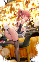 Rule 34 | 1girl, alcohol, animal ears, ass, azur lane, bar (place), bar stool, bare shoulders, bent over, black footwear, black thighhighs, blurry, blurry background, bottle, breasts, rabbit hair ornament, cirilla lin, cup, drinking glass, duca degli abruzzi (azur lane), earrings, elbow gloves, fake animal ears, foot out of frame, gloves, hair ornament, high heels, highres, holding, holding tray, jewelry, large breasts, leotard, nontraditional playboy bunny, pink hair, playboy bunny, rabbit ears, rabbit tail, red eyes, revealing clothes, see-through, side ponytail, solo, standing, standing on one leg, stool, tail, thighhighs, thighs, tongue, tongue out, tray, wine bottle, wine glass
