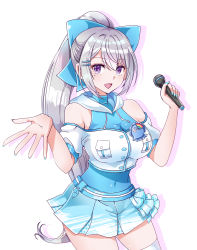 Rule 34 | 1041 (toshikazu), 1girl, blue bow, blue nails, blue skirt, bow, covered navel, hair behind ear, hair bow, hair ornament, hairclip, highres, higuchi kaede, holding, holding microphone, hood, long hair, looking at viewer, microphone, mole, mole under eye, nail polish, nijisanji, off shoulder, open mouth, ponytail, purple eyes, silver hair, skirt, smile, solo, thighhighs, very long hair, virtual youtuber