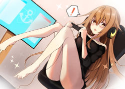 Rule 34 | !, 1girl, anchor symbol, bare legs, bare shoulders, barefoot, black panties, black shirt, blush, breasts, brown-framed eyewear, brown eyes, brown hair, chair, collarbone, commentary request, controller, crescent, game controller, glasses, hair between eyes, headphones, holding, kantai collection, knees up, long hair, looking at viewer, medium breasts, mochizuki (kancolle), off-shoulder shirt, off shoulder, office chair, on chair, open mouth, panties, semi-rimless eyewear, shirt, sitting, solo, sou (soutennkouchi), sparkle, spoken exclamation mark, swivel chair, under-rim eyewear, underwear, very long hair