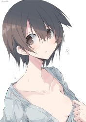 Rule 34 | 1girl, absurdres, blush, breasts, brown eyes, brown hair, clothes pull, collarbone, dot nose, empty eyes, female focus, hair between eyes, highres, looking at viewer, matching hair/eyes, miyanaga saki, open clothes, parted lips, portrait, pulling own clothes, qqqbb (pixiv2905012), saki (manga), short hair, sideways glance, simple background, small breasts, solo, sweat, tareme, teasing, tongue, translation request, wet, wet clothes, wet hair, white background