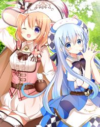 Rule 34 | 2girls, ;d, animal, animal ears, arm up, bell, belt, belt buckle, blue eyes, blue hair, blush, breasts, brown belt, brown legwear, buckle, center frills, character hat, closed mouth, collar, commentary request, day, detached collar, frills, gochuumon wa usagi desu ka?, hair between eyes, hair ornament, hands up, hat, highres, hoto cocoa, jingle bell, kafuu chino, long hair, long sleeves, multiple girls, one eye closed, open mouth, outdoors, own hands together, pink hat, puffy shorts, rabbit, rabbit ears, ryoutan, shirt, short shorts, shorts, small breasts, smile, thighhighs, tippy (gochiusa), underbust, very long hair, white collar, white shirt, white shorts, x hair ornament
