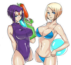 Rule 34 | 2girls, animification, beach boy (stand), blonde hair, blue eyes, bob cut, breasts, cleavage, cowboy shot, cropped legs, dc comics, facial mark, forehead mark, kryptonian, large breasts, multiple girls, one-piece swimsuit, parted bangs, power girl, purple hair, raven (dc), short hair, smile, strap gap, super soaker, swimsuit, teen titans, water gun, zxc