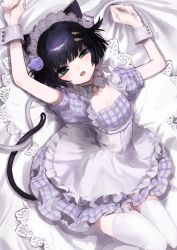 Rule 34 | 1girl, animal ears, arms up, black hair, blunt bangs, blush, breasts, cat ears, cat tail, cuffs, dress, fang, green eyes, highres, maid, mole, mole on breast, mole under mouth, open mouth, original, plaid, plaid dress, short hair, shou (hanasakukoroni), solo, tail, thighhighs, white thighhighs