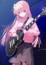 Rule 34 | 1girl, absurdres, blue eyes, bocchi the rock!, cube hair ornament, electric guitar, gibson les paul, gotoh hitori, grey skirt, guitar, hair between eyes, hair ornament, highres, holding, holding instrument, holding plectrum, instrument, jacket, long hair, long sleeves, luozhou pile, music, one side up, pants, pants under skirt, pink hair, pink jacket, pink pants, playing instrument, pleated skirt, plectrum, skirt, solo, standing, sweatdrop, track jacket, track pants