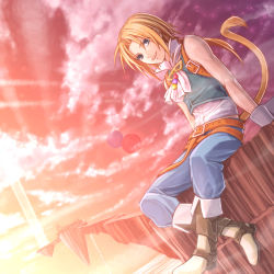 Rule 34 | 00s, 1boy, :d, ama mitsuki, androgynous, arms at sides, ascot, backlighting, blue eyes, blue pants, blue vest, boots, brown footwear, cat tail, cliff, crossed ankles, dutch angle, final fantasy, final fantasy ix, knee boots, lens flare, light rays, long hair, looking at viewer, low ponytail, male focus, open mouth, outdoors, pants, red sky, sitting, sky, sleeveless, smile, solo, sunbeam, sunlight, tail, vest, water, waterfall, wrist cuffs, zidane tribal