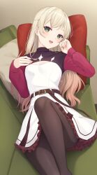Rule 34 | 1girl, belt, black pantyhose, blonde hair, blush, breasts, cleavage, cleavage cutout, clothing cutout, commentary request, couch, cowboy shot, dress, frilled dress, frills, green eyes, hand on own cheek, hand on own chest, hand on own face, head on pillow, highres, knee up, long hair, long sleeves, looking at viewer, lying, multicolored clothes, nishino eri, on back, on couch, open mouth, original, pantyhose, pink nails, small breasts, smile, solo, turtleneck, wavy hair, white dress