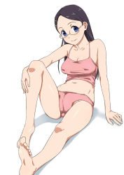 Rule 34 | 10s, 1girl, barefoot, belly, black hair, blue eyes, breasts, camisole, cleavage, covered erect nipples, feet, glasses, ichihisa, legs, long hair, navel, panties, saitou kaede (yama no susume), smile, soles, solo, sports bra, toes, underwear, underwear only, yama no susume