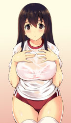 Rule 34 | 10s, 1girl, akagi (kancolle), alternate costume, blush, bra, breasts, brown eyes, brown hair, buruma, cowboy shot, gradient background, gym uniform, hands on own chest, kantai collection, kyogoku shin, large breasts, long hair, looking at viewer, parted lips, pink background, pink bra, see-through, shirt, solo, sweatdrop, thighhighs, underwear, wet, wet clothes, wet shirt, white thighhighs