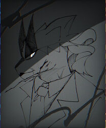 Rule 34 | 1boy, blood, blood on face, chromatic aberration, closed mouth, clothed pokemon, collared shirt, creatures (company), formal, furry, furry male, game freak, gen 8 pokemon, glowing, glowing eyes, grey background, greyscale, jacket, legendary pokemon, looking at viewer, male focus, monochrome, necktie, nintendo, pokemon, pokemon (creature), profile, rize (r), shirt, sketch, snout, solo, suit, upper body, urshifu