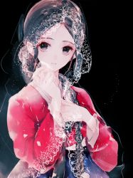 Rule 34 | 1girl, ahma, black background, black eyes, black hair, braid, copyright request, hair over shoulder, hanbok, korean clothes, long hair, looking at viewer, open mouth, see-through, single braid, solo, traditional clothes, upper body, veil