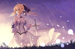Rule 34 | 1girl, artoria pendragon (fate), bare shoulders, blonde hair, bow, breasts, cloud, cloudy sky, detached collar, detached sleeves, dress, fate/stay night, fate/unlimited codes, fate (series), floating hair, green eyes, hair between eyes, hair bow, hair ornament, holding, holding sword, holding weapon, looking away, outdoors, saber (fate), saber lily, sky, solo, standing, sunlight, sword, twintails, weapon, white dress, white legwear, wind, xiaoshou xiansheng