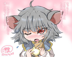 Rule 34 | 1girl, ahoge, animal ears, artist name, bad id, bad pixiv id, bishamonten&#039;s pagoda, blush, capelet, commentary request, flying sweatdrops, grey hair, long sleeves, mouse ears, nazrin, noai nioshi, nose blush, one eye closed, open mouth, pagoda, red eyes, shirt, signature, solo, sweatdrop, touhou, translation request, white shirt