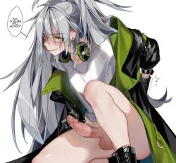 Rule 34 | 1girl, aek-999 (babe driver) (girls&#039; frontline), aek-999 (girls&#039; frontline), arms behind back, bare legs, black coat, black footwear, blush, boots, bottomless, bound, bound arms, braid, breasts, coat, cross-laced footwear, deathalice, ear piercing, erection, eyelashes, futanari, girls&#039; frontline, green coat, headphones, headphones around neck, kneeling, lips, long hair, medium breasts, official alternate costume, on one knee, penis, piercing, ponytail, precum, restrained, shirt, side braid, silver hair, simple background, solo, t-shirt, testicles, thighs, twitching penis, uncensored, white background, white shirt, yellow eyes