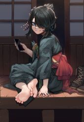 Rule 34 | 1girl, barefoot, black footwear, black hair, black kimono, blue eyes, boots, cellphone, character request, commentary, english commentary, feet, hair ornament, hair over one eye, highres, holding, holding phone, japanese clothes, k-rha&#039;s, kimono, obi, original, outdoors, phone, sash, shoes, short hair, sitting, smartphone, soles, solo, toes, unworn shoes, yokozuwari