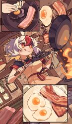 Rule 34 | 1girl, absurdres, apron, bacon, black shirt, blush, breasts, closed mouth, cooking, egg (food), fire, food, fried egg, frying pan, greentanuki, hair between eyes, highres, holding, holding frying pan, indoors, medium breasts, multicolored hair, nina (greentanuki), original, plate, red eyes, red hair, shirt, short hair, short sleeves, smile, solo, tongue, tongue out, two-tone hair, white hair, yellow apron