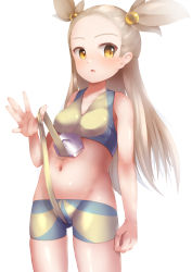 Rule 34 | 1girl, bare arms, blonde hair, blush, breasts, cameltoe, collarbone, commentary request, cosplay, creatures (company), elesa (pokemon), elesa (pokemon) (cosplay), game freak, hair bobbles, hair ornament, hand up, highres, holding, jasmine (pokemon), long hair, looking to the side, navel, nintendo, open mouth, oren (770len), pokemon, pokemon bw2, pokemon hgss, shiny skin, solo, yellow eyes