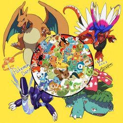 Rule 34 | :d, :o, blue eyes, bright pupils, bulbasaur, charizard, charmander, chespin, chikorita, chimchar, claws, closed mouth, commentary request, copyright name, creatures (company), cyndaquil, dated, fangs, fennekin, fire, flame-tipped tail, froakie, fuecoco, game freak, gen 1 pokemon, gen 2 pokemon, gen 3 pokemon, gen 4 pokemon, gen 5 pokemon, gen 6 pokemon, gen 7 pokemon, gen 8 pokemon, grookey, koraidon, litten, miraidon, mudkip, nintendo, no humans, open mouth, oshawott, pikachu, piplup, pokemon, pokemon (creature), popplio, quaxly, rowlet, sagemaru-br, scorbunny, signature, smile, snivy, sobble, sprigatito, squirtle, tepig, tongue, torchic, totodile, treecko, turtwig, venusaur, white pupils, yellow background