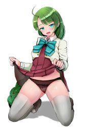 Rule 34 | 1girl, absurdres, akizuki shigure, aqua eyes, black panties, blush, boots, bow, bowtie, braid, cross-laced footwear, dress, full body, green hair, grey thighhighs, highres, kantai collection, lace-up boots, lifting own clothes, long hair, long sleeves, looking at viewer, open mouth, panties, school uniform, see-through, shadow, shirt, simple background, sitting, solo, thighhighs, underwear, very long hair, vest, white background, white shirt, yuugumo (kancolle), yuugumo kai ni (kancolle)