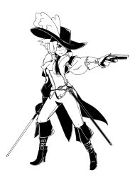 Rule 34 | 1girl, aiming, alternate costume, antique firearm, arm at side, ascot, boots, closed mouth, coattails, commentary request, firearm, firelock, flintlock, full body, gloves, greyscale, gun, handgun, hat, hat feather, high heel boots, high heels, holding, holding gun, holding sword, holding weapon, knee boots, long hair, long sleeves, monochrome, moyasiwhite, musketeer, pants, puffy long sleeves, puffy sleeves, rapier, ringed eyes, serious, shaded face, sheath, shirt, short hair with long locks, simple background, solo, standing, sword, vocaloid, voiceroid, weapon, wide brim, yuzuki yukari