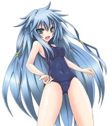 Rule 34 | 1girl, blue eyes, blue hair, blush, duel monster, eria the water charmer, korican, long hair, matching hair/eyes, no bra, open mouth, solo, swimsuit, yu-gi-oh!