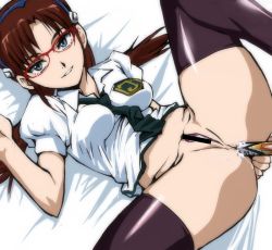 Rule 34 | 1girl, anal, anal object insertion, bar censor, black thighhighs, brown hair, censored, evangelion: 2.0 you can (not) advance, glasses, green eyes, kamisimo 90, looking at viewer, lying, makinami mari illustrious, necktie, neon genesis evangelion, object insertion, on back, pussy, rebuild of evangelion, spread legs, thighhighs