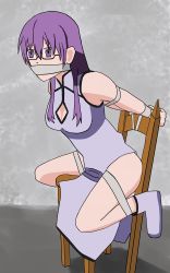 Rule 34 | 1girl, absurdres, akame ga kill!, bdsm, bondage, bound, chair, china dress, chinese clothes, dress, gag, gagged, highres, on chair, purple eyes, purple hair, sheele, solo, tape