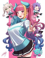 Rule 34 | 3girls, black skirt, blonde hair, blue eyes, blue hair, blue jacket, blush, breasts, character request, chibi, copyright request, earrings, gradient hair, highres, horns, jacket, jewelry, large breasts, looking at viewer, michihasu, multicolored clothes, multicolored hair, multicolored jacket, multiple girls, pink eyes, pink hair, purple eyes, purple hair, short hair, simple background, skirt, smile, thighhighs, twintails, two-tone jacket, v, white jacket