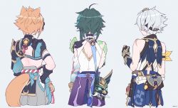 Rule 34 | 3boys, ahoge, animal ears, aqua hair, arm tattoo, armor, back cutout, bag, bead necklace, beads, bennett (genshin impact), black gloves, black hair, clenched hand, clothing cutout, cropped legs, crossed arms, dog boy, dog ears, dog tail, from behind, genshin impact, gloves, goggles, goggles on head, gorou (genshin impact), grey background, grey hair, hair ornament, hand on own hip, highres, homare (g hmr88), japanese armor, japanese clothes, jewelry, male focus, mask, multicolored hair, multiple boys, necklace, orange hair, scar, scar on arm, signature, simple background, tail, tassel, tattoo, vision (genshin impact), xiao (genshin impact)