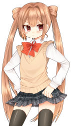 Rule 34 | 10s, 1boy, black thighhighs, bow, brown eyes, brown hair, crossdressing, frown, hands on own hips, highres, himegoto, himegoto (manga), long hair, looking at viewer, male focus, matching hair/eyes, oda mitsunaga, school uniform, simple background, skirt, solo, standing, sweater vest, thighhighs, trap, tsukudani norio, tsurime, twintails, vest, white background, zettai ryouiki