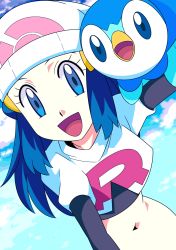 Rule 34 | 1girl, :d, beanie, black gloves, blue eyes, blue hair, cloud, commentary request, cosplay, creatures (company), dawn (pokemon), day, elbow gloves, eyelashes, game freak, gen 4 pokemon, gloves, hainchu, hair ornament, hairclip, hat, highres, jacket, jessie (pokemon), jessie (pokemon) (cosplay), long hair, looking at viewer, navel, nintendo, open mouth, outdoors, piplup, pokemon, pokemon (anime), pokemon dppt (anime), sky, smile, team rocket, team rocket uniform, tongue, white headwear, white jacket