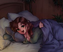 Rule 34 | 1girl, :d, bed, bed sheet, bedroom, bishoujo senshi sailor moon, blanket, blush, breasts, brown hair, cleavage, collarbone, commentary, earrings, english commentary, facing viewer, green eyes, green pajamas, hair down, hand up, happy, highres, holding, holding blanket, indoors, jewelry, kino makoto, large breasts, long hair, looking at viewer, lying, monorus, on bed, on side, open mouth, pajamas, pillow, plant, room, smile, solo, teeth, tongue, under covers, wall