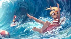 Rule 34 | 1girl, animal, arms up, artist name, ball, beachball, bigtravart, bird, blonde hair, chicken, closed eyes, commentary, crab, dated, english commentary, goggles, goggles on head, highres, innertube, looking at another, looking back, ocean, one-piece swimsuit, open mouth, original, ponytail, shark, sharp teeth, snorkel, splashing, striped clothes, striped one-piece swimsuit, surfboard, swim ring, swimsuit, teeth, water, waves