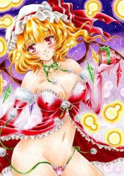 Rule 34 | 1girl, aged up, arched back, blonde hair, blush, bow, breasts, choker, christmas, cleavage, collarbone, covered erect nipples, elbow gloves, female focus, flandre scarlet, gloves, hat, hat bow, large breasts, light particles, lips, looking at viewer, loose panties, mitunariia, mob cap, navel, panties, red gloves, red panties, ribbon choker, short hair, side-tie panties, side ponytail, smile, solo, stomach, strapless, string panties, thighs, touhou, traditional media, underwear, wavy hair, wings