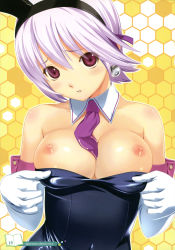 Rule 34 | 1girl, absurdres, animal ears, bare shoulders, between breasts, breasts, clothes pull, elbow gloves, face, fake animal ears, gloves, highres, koutaro, large breasts, leotard, navel, necktie, nipples, pantyhose, playboy bunny, purple hair, rabbit ears, red eyes, scan, shirt pull, solo