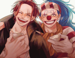 Rule 34 | 2boys, black coat, blue hair, buggy the clown, closed eyes, clown nose, coat, commentary request, cup, facepaint, facial hair, gloves, grin, holding, holding cup, looking at viewer, makeup, male focus, medium hair, multiple boys, nsgw, one piece, open mouth, ponytail, red hair, red nose, sakazuki, scar, scar across eye, scar on face, shanks (one piece), smile, teeth, white gloves