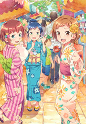 Rule 34 | 3girls, :d, barefoot, blue hair, blue pants, bow, brown eyes, brown hair, candy apple, cotton candy, eating, festival, flower, food, from behind, green bow, green eyes, hair bun, hair flower, hair ornament, highres, holding, holding food, japanese clothes, katou akatsuki, kimono, long sleeves, looking at viewer, looking back, market, mask, multiple girls, no legwear, no socks, open mouth, original, outdoors, outstretched arms, pants, plant, sandals, shop, short hair, single hair bun, smile, toes, tree, waving, wide sleeves, yukata