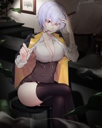 Rule 34 | 1girl, bartender, black thighhighs, blue hair, breasts, cigar, cleavage, collarbone, crossed legs, garter straps, girls&#039; frontline, highres, hip focus, ia (ias1010), jewelry, large breasts, looking at viewer, mouth hold, red eyes, ring, short hair, smile, smoke, thighhighs, thighs, thompson (girls&#039; frontline)