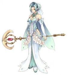 Rule 34 | 1girl, bare shoulders, blue hair, breasts, choker, cleavage, detached sleeves, full body, hip vent, holding, holding staff, jewelry, luminous arc, luminous arc 2, medium breasts, necklace, official art, red eyes, simple background, sophia (luminous arc), staff, third-party source