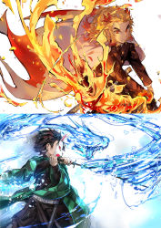 Rule 34 | 2boys, black hair, black jacket, black pants, blonde hair, cape, commentary request, dema hmw, earrings, fire, flaming sword, flaming weapon, forehead, forked eyebrows, fox mask, hands up, highres, holding, holding sword, holding weapon, hydrokinesis, jacket, jewelry, kamado tanjirou, kimetsu no yaiba, long sleeves, male focus, mask, multicolored hair, multiple boys, open clothes, pants, pyrokinesis, red eyes, red hair, rengoku kyoujurou, streaked hair, sword, thick eyebrows, two-handed, water, weapon, white cape, wide sleeves
