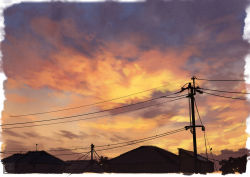Rule 34 | cloud, cloudy sky, commentary request, evening, no humans, outdoors, power lines, scenery, sky, sunset, utility pole, yk funa