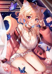 Rule 34 | 1girl, animal, animal ears, artist name, bare shoulders, blonde hair, bloomers, breasts, bug, butterfly, cat ears, cleavage, commentary, curtains, fang, flower, hair between eyes, hand up, highres, insect, jacket, long sleeves, looking at viewer, medium breasts, navel, off shoulder, open clothes, open jacket, open mouth, original, petals, pink flower, pink jacket, puffy long sleeves, puffy sleeves, red eyes, sitting, sleeves past wrists, solo, squchan, tail raised, transparent, underwear, virtual youtuber, watermark, web address, white bloomers, yokozuwari