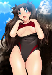 Rule 34 | 1girl, black hair, blush, breasts, cloud, cowboy shot, day, fate/stay night, fate (series), from below, green eyes, groin, hair ribbon, highres, legs, long hair, looking at viewer, medium breasts, open mouth, outdoors, ribbon, shiny skin, sky, solo, standing, swimsuit, thighs, tohsaka rin, twintails, underboob, yadokari genpachirou