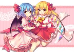Rule 34 | 2girls, :d, absurdres, ascot, bat wings, blonde hair, blue hair, blush, bow, brooch, chibi, commentary request, crystal, dress, fang, feet out of frame, flandre scarlet, frilled dress, frilled shirt collar, frills, full body, gem, hair bow, hat, hat bow, hat ribbon, unworn headwear, highres, holding hands, interlocked fingers, jewelry, lace trim, looking at viewer, multicolored wings, multiple girls, one side up, open mouth, pink background, pink dress, puffy short sleeves, puffy sleeves, purple gemstone, rainbow order, red bow, red eyes, red ribbon, red skirt, red vest, remilia scarlet, ribbon, ruhika, shirt, short hair, short sleeves, siblings, side ponytail, sisters, skirt, skirt set, smile, touhou, vest, white shirt, wings, wrist cuffs
