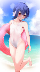 Rule 34 | 1girl, bare shoulders, blue hair, blush, breasts, collarbone, covered navel, highleg, highleg swimsuit, highres, idolmaster, idolmaster shiny colors, morino rinze, okuri banto, one-piece swimsuit, open mouth, red eyes, short hair, small breasts, solo, swimsuit, thighs, white one-piece swimsuit