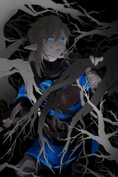 Rule 34 | 1boy, artist name, belt, belt buckle, blonde hair, blood, blue eyes, branch, buckle, dark background, ear piercing, earrings, eyes visible through hair, gloves, hair between eyes, highres, holding, holding branch, holding knife, holding weapon, jewelry, kaninn, knife, link, long hair, looking to the side, male focus, night, nintendo, parted lips, piercing, pointy ears, scratches, solo, the legend of zelda, the legend of zelda: breath of the wild, upper body, weapon